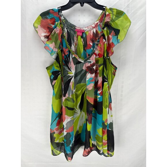 Sunny Leigh XL Watercolor Floral Ruffle Blouse Sheer Short Sleeve Artsy Colorful - Picture 1 of 6